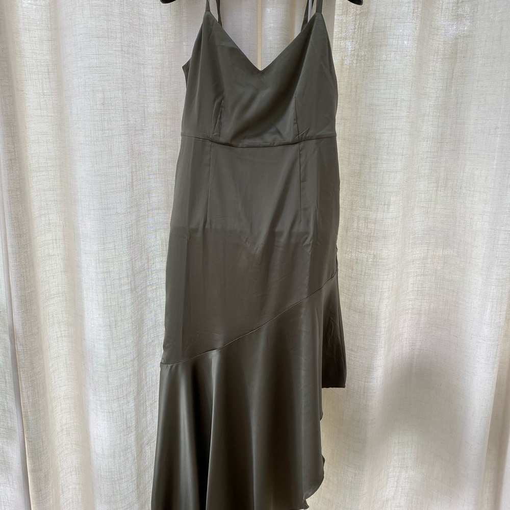 Bebe Satin Asymmetrical Olive Dress